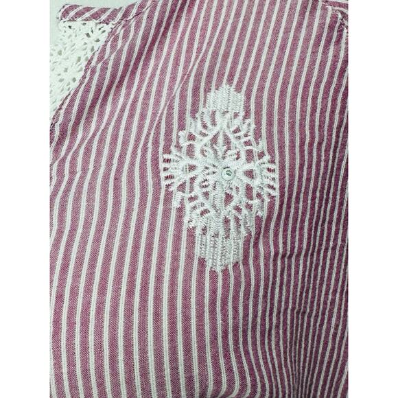 Women’s Pink White Striped Top Embroidered Lace Elastic Waist 3/4 Sleeves - Picture 4 of 13